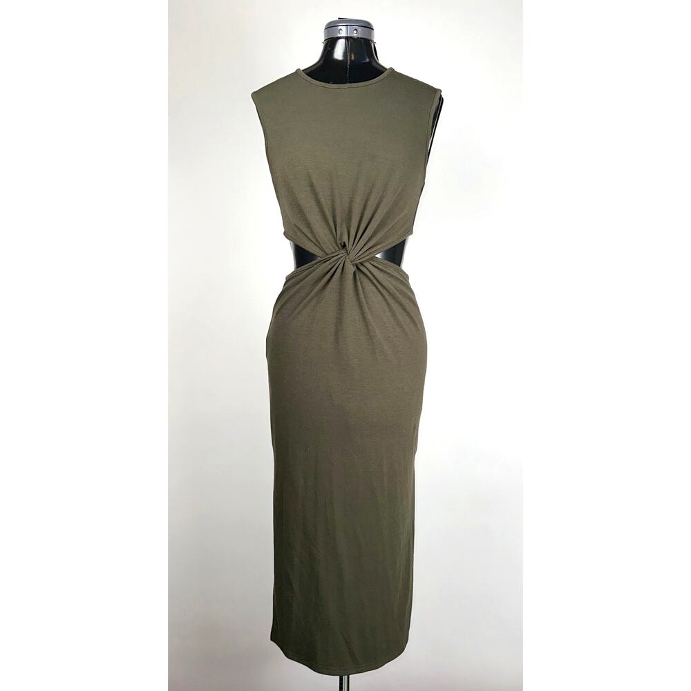 Effordram Women’s Olive Green Sleeveless Cutout Twist Front Midi Dress Sz 6